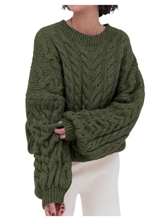 Sweaters - Oversized Cable Knit Sweater Balloon Sleeve Crew Neck Pullover